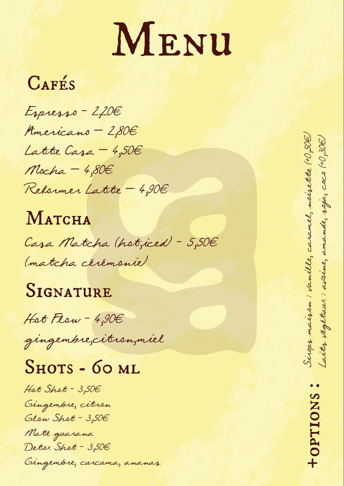 Carte du Wellness Bar - Casa PILATES